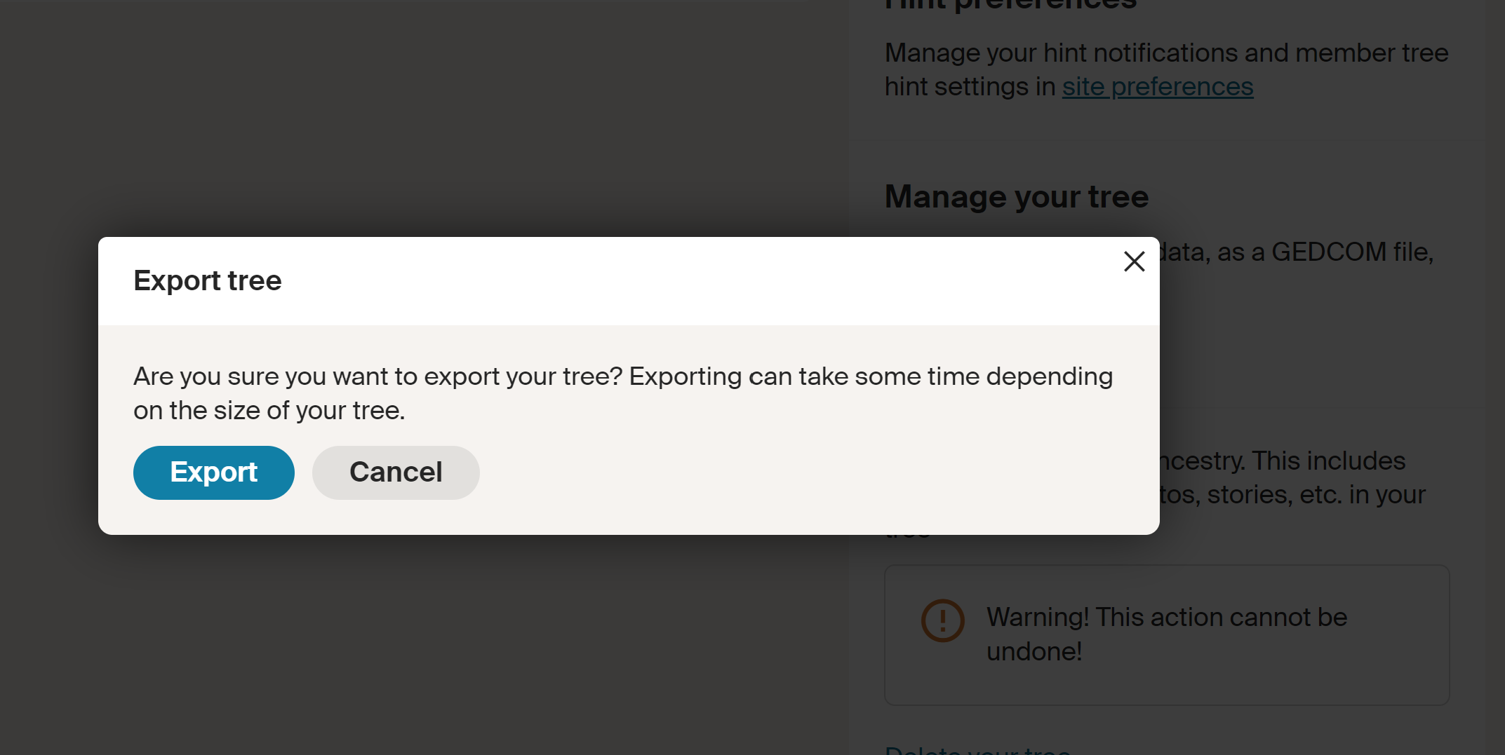 The export confirmation dialog